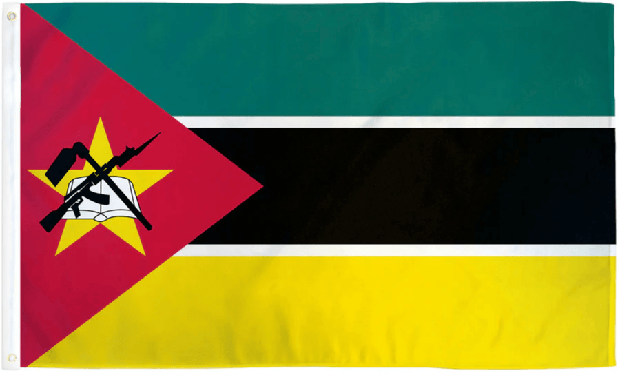 Mozambique flag made in USA with green black yellow bands red triangle and national emblem