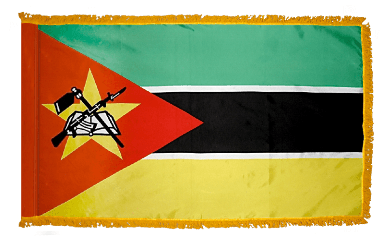 Mozambique nylon flag product image with red hoist triangle yellow star and detailed emblem