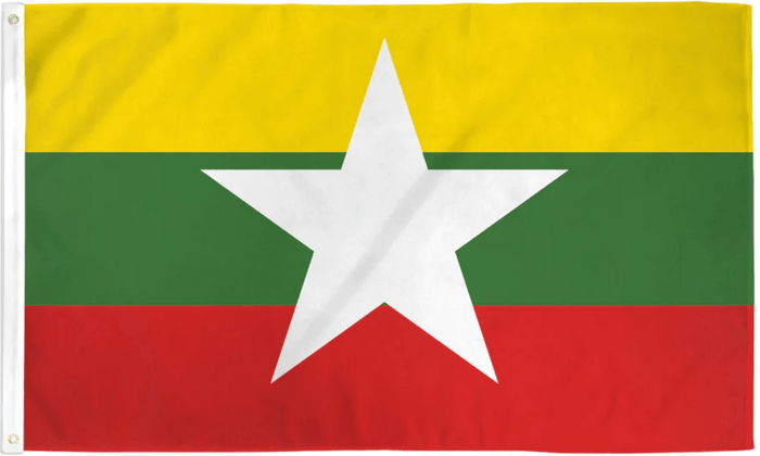 Myanmar Burma flag made in USA with yellow green red bands and central white star