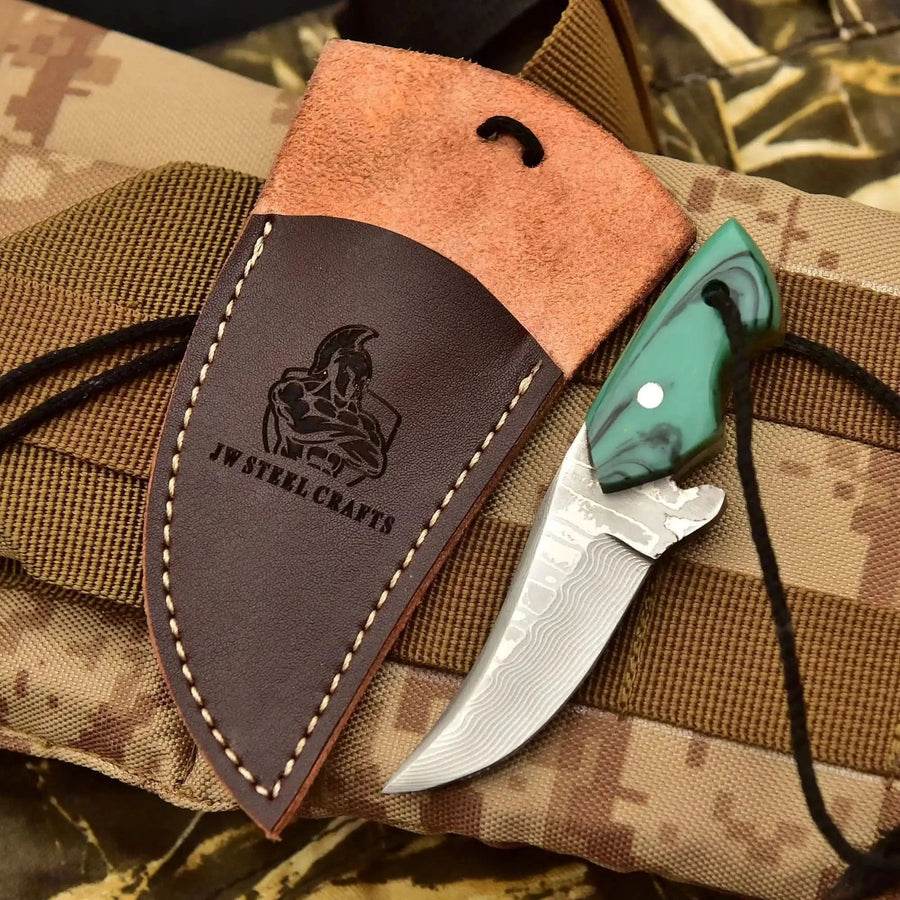 Neck Knife with Leather Sheath – Mini Damascus Pattern Blade | Green Resin Handle | JW SteelCrafts