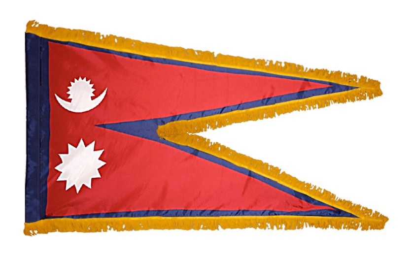 Nepal nylon flag product image with unique non-rectangular shape and white celestial symbols