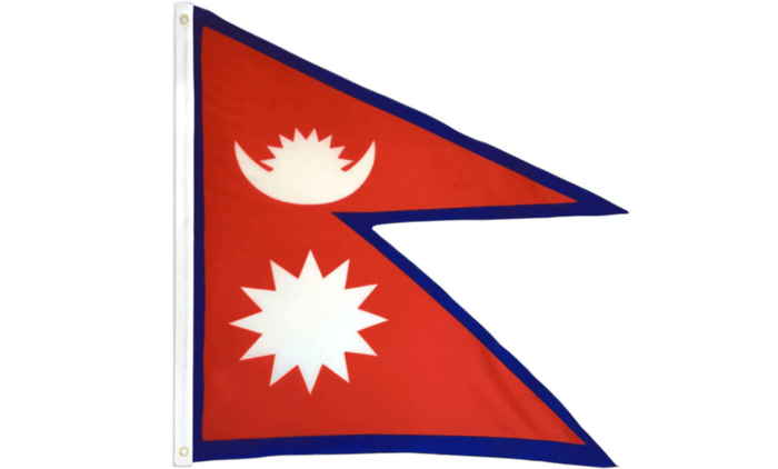 Nepal flag made in USA with crimson double-pennant shape blue border moon and sun