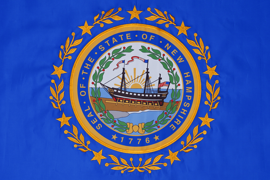 New Hampshire state flag close-up with USS Raleigh laurel wreath and stars
