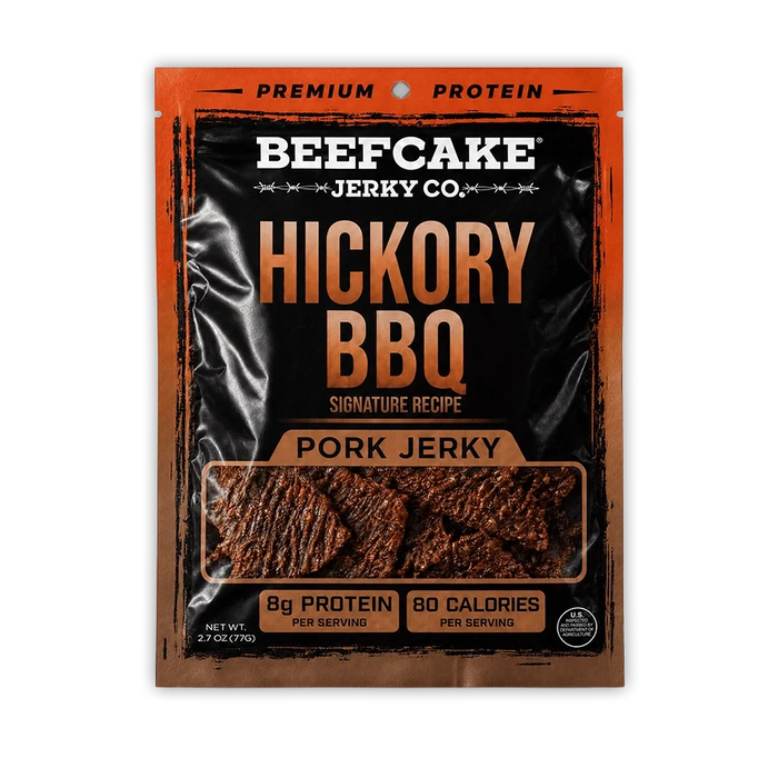 Hickory BBQ Pork Jerky in the current black and orange 2.7 oz package with a clear jerky window