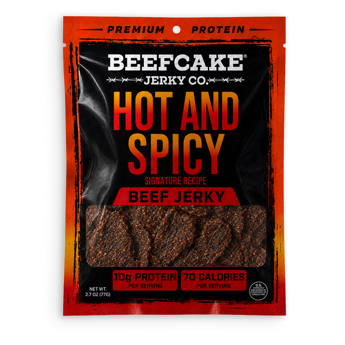 Hot & Spicy Beef Jerky in the current black and orange 2.7 oz package with a clear jerky window