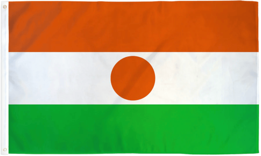 Niger flag made in USA with orange white green horizontal bands and central orange disc