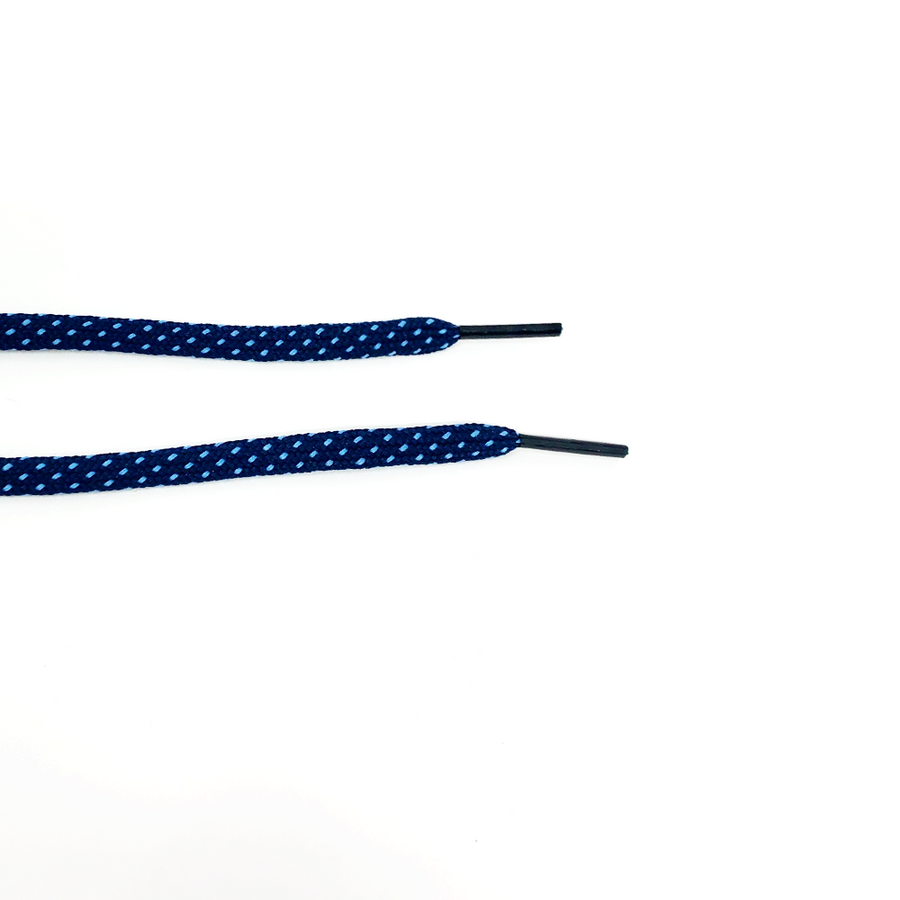 Navy & Light Blue ticked flat shoelaces close-up of flat lace ends and black aglets