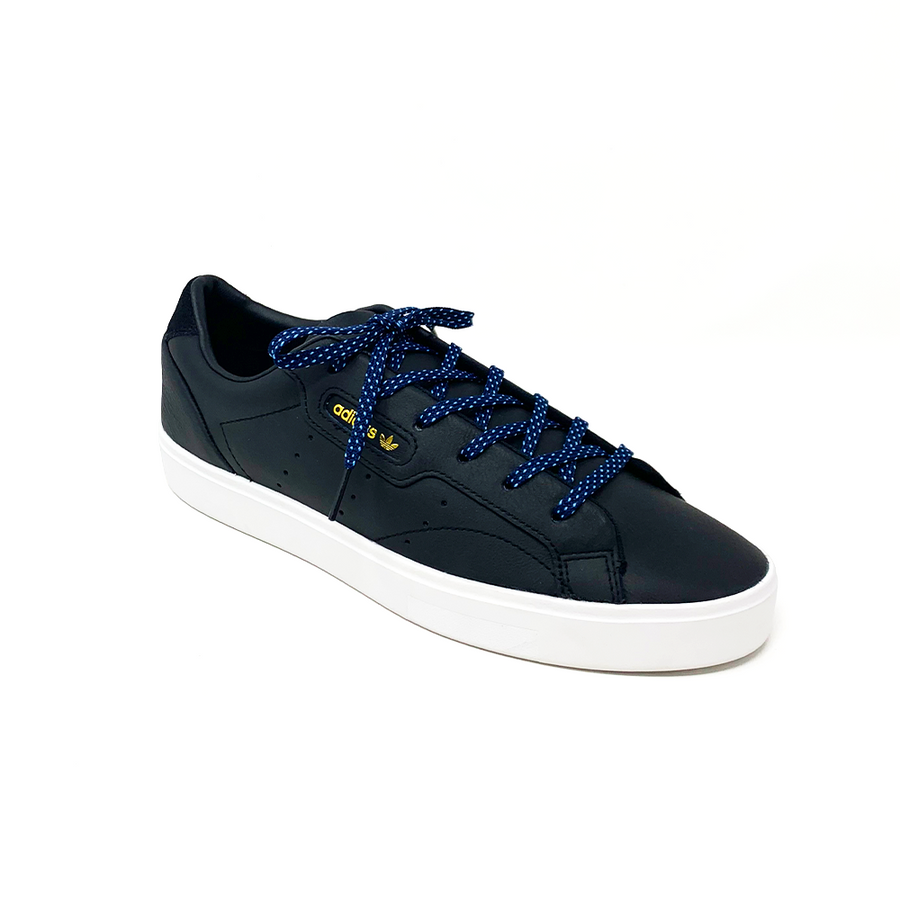 Navy & Light Blue ticked flat shoelaces laced into a black low-top sneaker