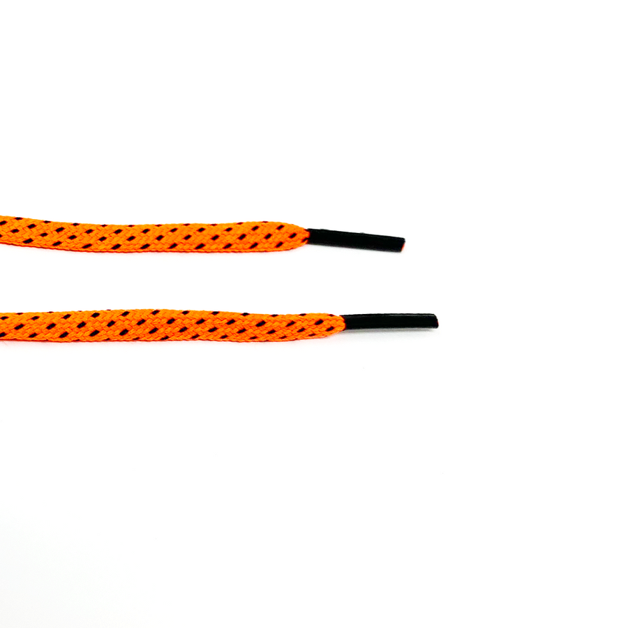 Neon Orange & Navy ticked flat shoelaces close-up of flat lace ends and black aglets