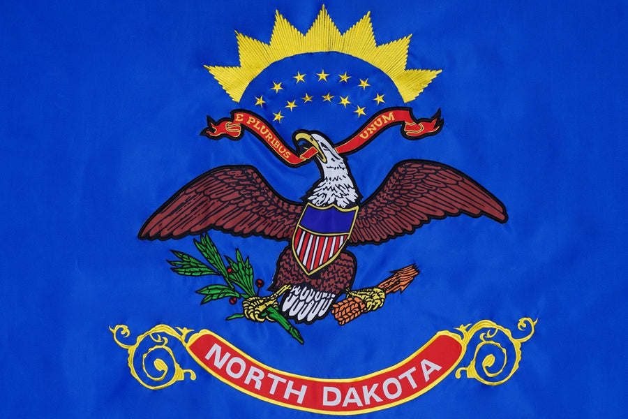 North Dakota state flag close-up with eagle stars shield and red banner