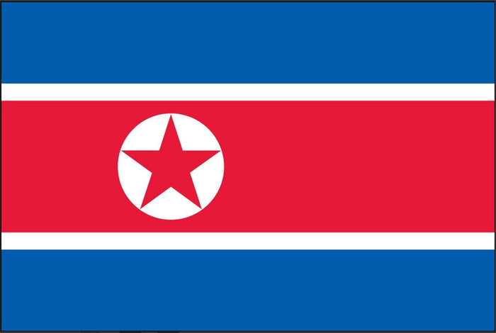 North Korea DPRK flag made in USA with red center band blue stripes and red star