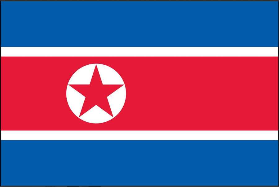 North Korea DPRK flag made in USA with red center band blue stripes and red star