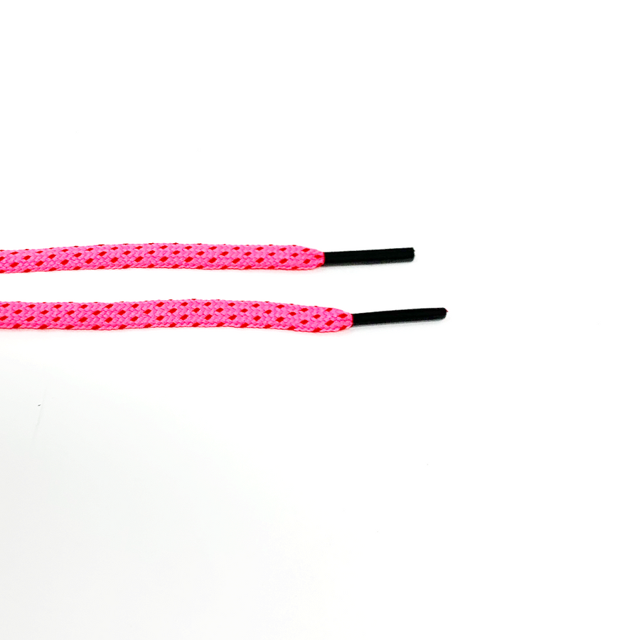 Neon Pink & Red ticked flat shoelaces close-up of flat lace ends and black aglets
