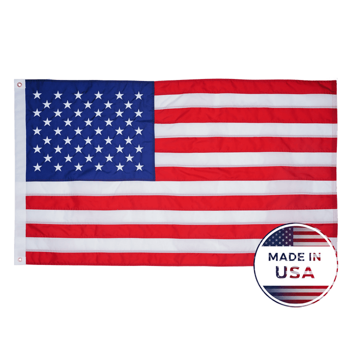 Nylon American flag with embroidered stars, sewn stripes and brass grommets, made in USA