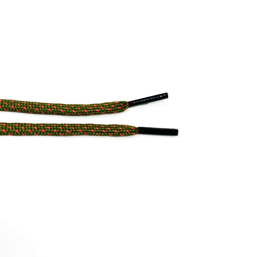 Olive Green & Guava ticked flat shoelaces close-up of flat lace ends and black aglets