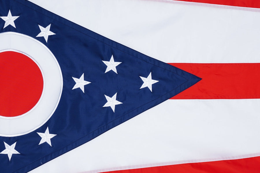 Ohio state flag close-up with blue union white O and seventeen stars