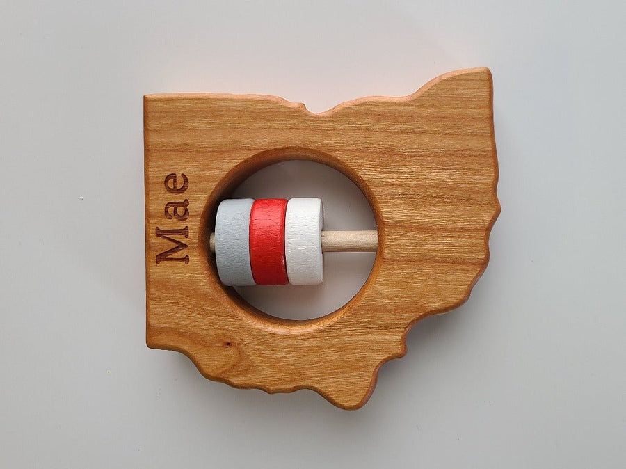 Ohio cherry wood rattle with an example of engraved personalization