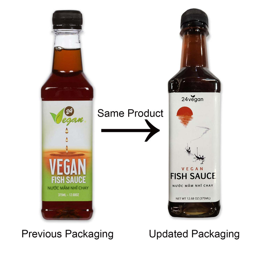 Vegan Fish Sauce Alternative: old and updated bottle packaging comparison.