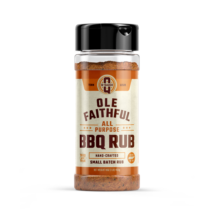 Ole Faithful all-purpose barbecue dry rub in a clear shaker bottle