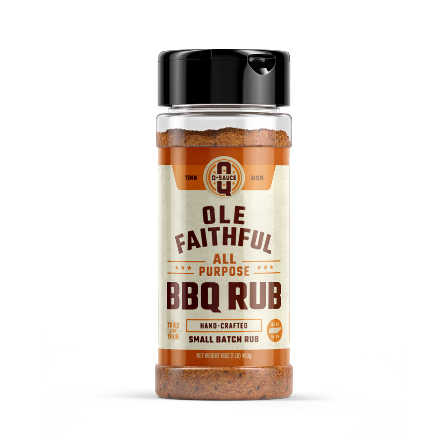 Ole Faithful all-purpose barbecue dry rub in a clear shaker bottle