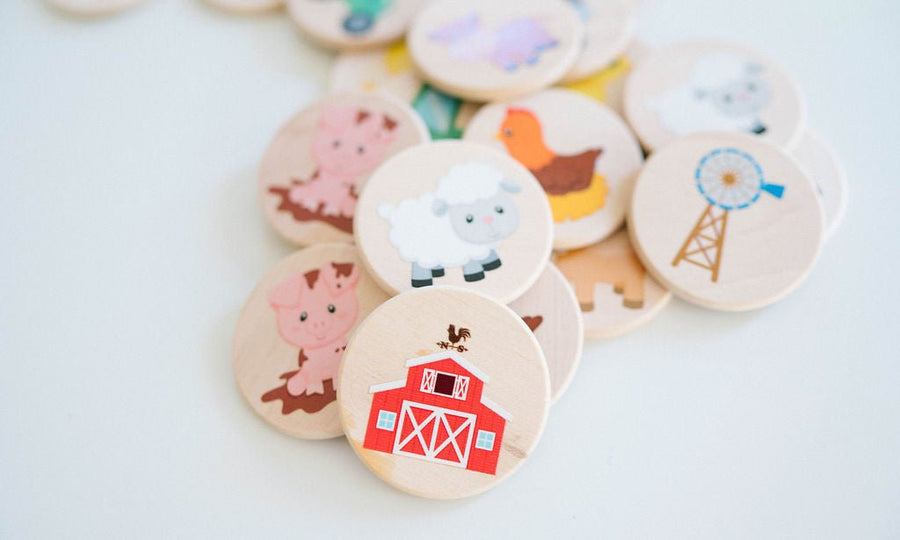Farm Matching Game: 24 Wooden Memory Tiles