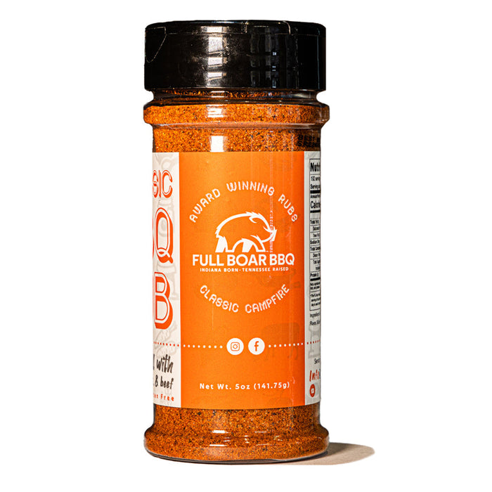 Classic Campfire BBQ rub bottle with an orange label and black shaker cap.