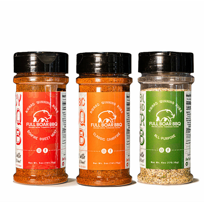 Original three-rub set with Bonfire Sweet Heat, Classic Campfire and Garden, Barn & River.
