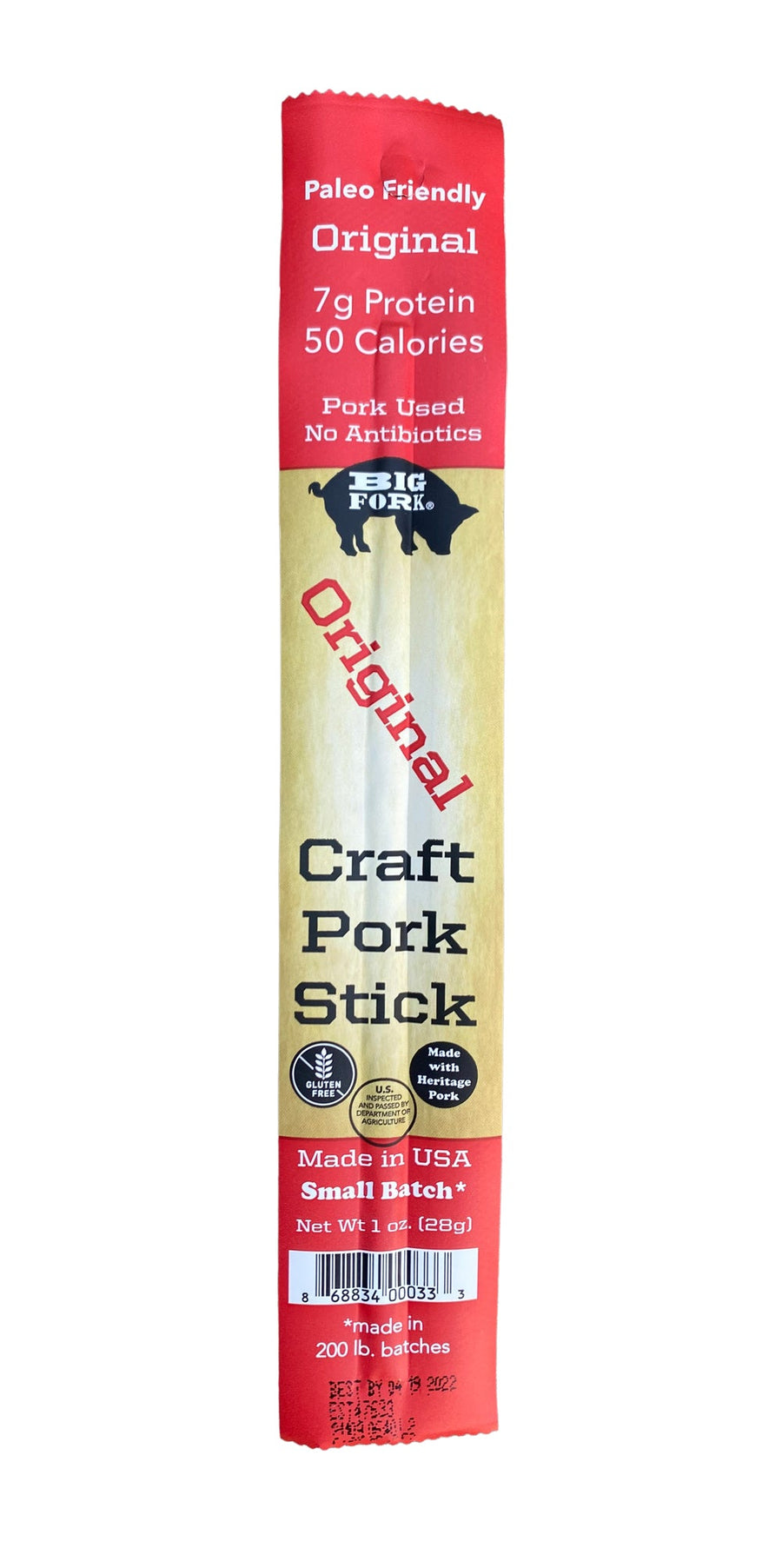 Original pork stick in its red and cream wrapper