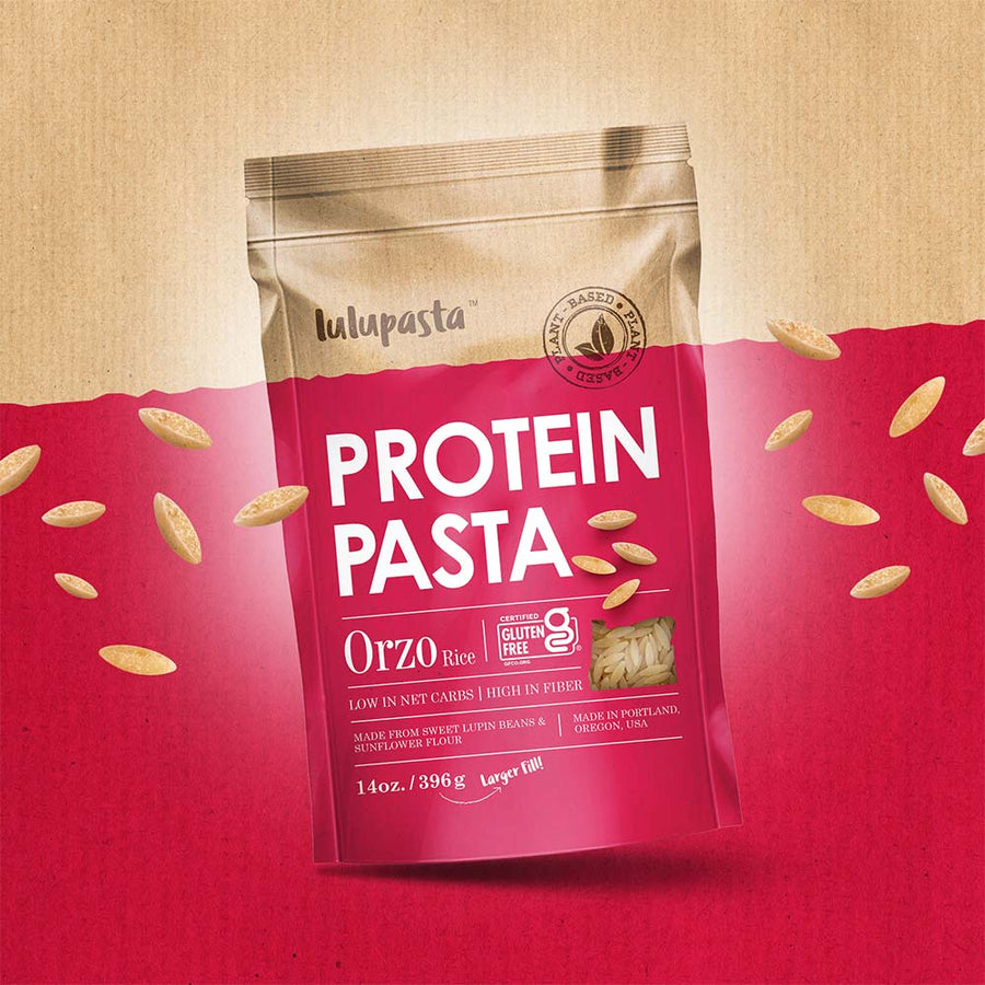 Lupin & Sunflower Protein Orzo Pasta: pouch on a red background.