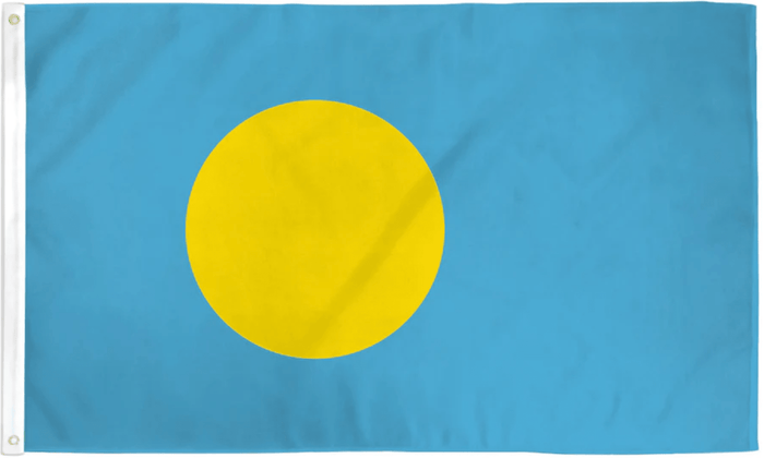 Palau flag made in USA with light blue field and golden yellow moon disc