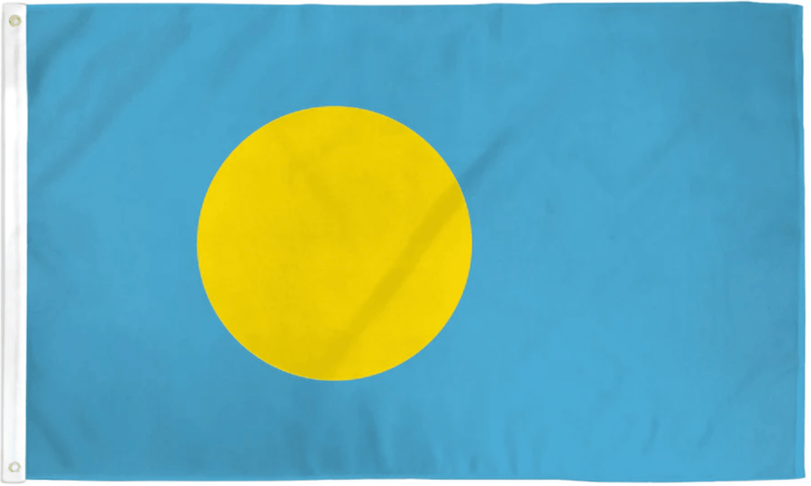 Palau flag made in USA with light blue field and golden yellow moon disc