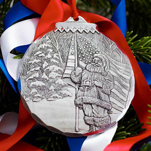 Styled display featuring Patriotic Santa Ornament