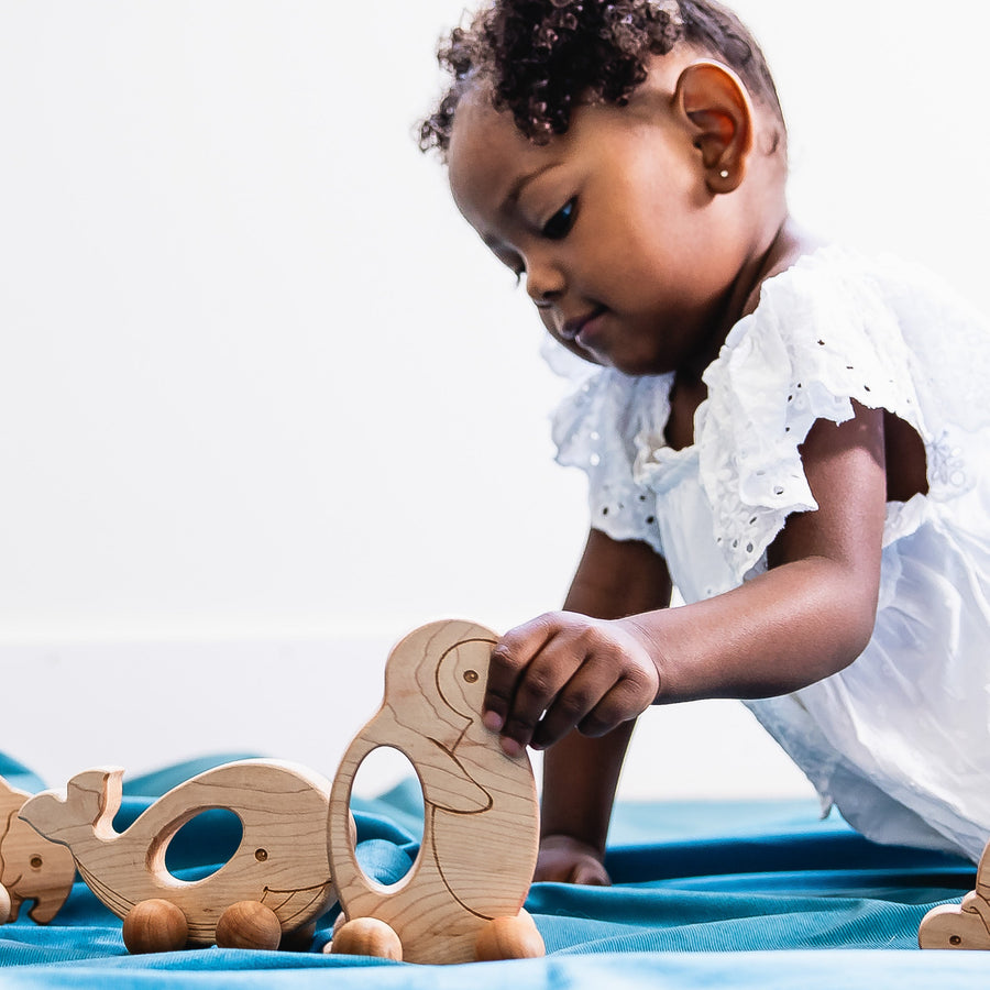 Children exploring wooden animal push toys with spherical wheels