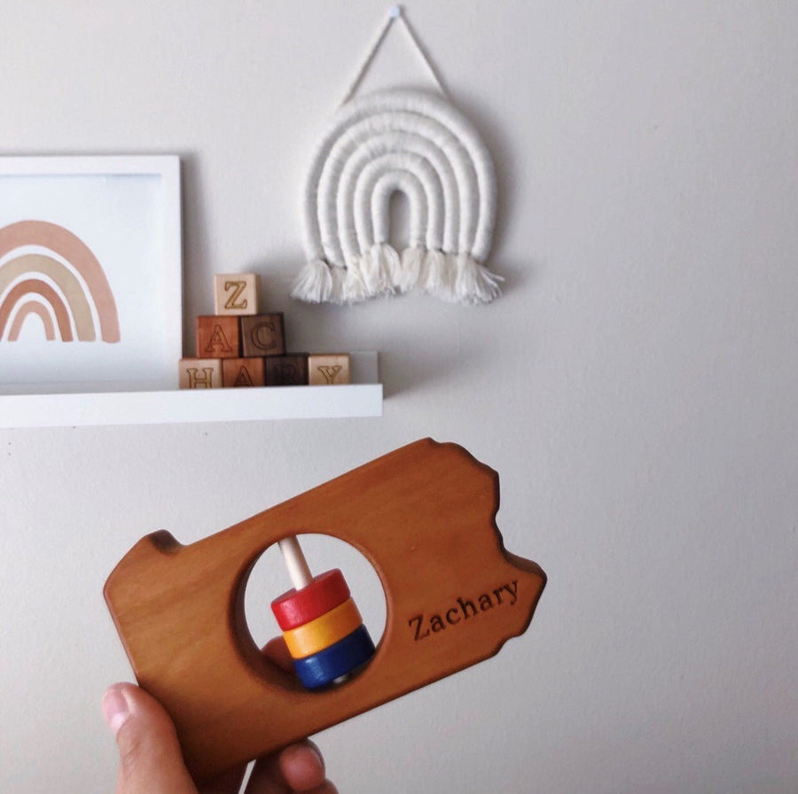Pennsylvania cherry wood rattle in a lifestyle setting