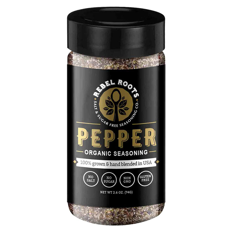 Rebel Roots Salt-Free Seasoning Blends: Pepper seasoning jar.