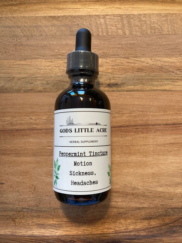 Peppermint Tincture in its amber glass bottle with dropper with supplier branding