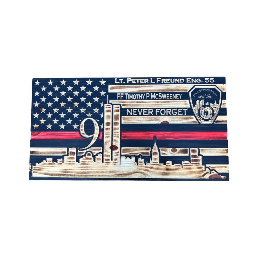 Personalized 9/11 memorial wooden American flag with NYC skyline made in USA