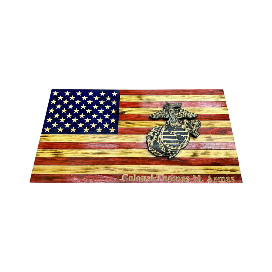 Personalized wooden American flag for Marine Corps veteran