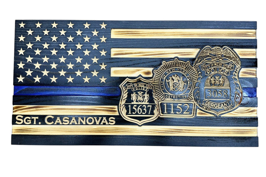 Custom police retirement wooden flag with badge, name and service years