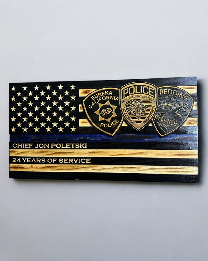 Personalized Thin Blue Line wooden police flag with engraved badge and custom service details, made in USA