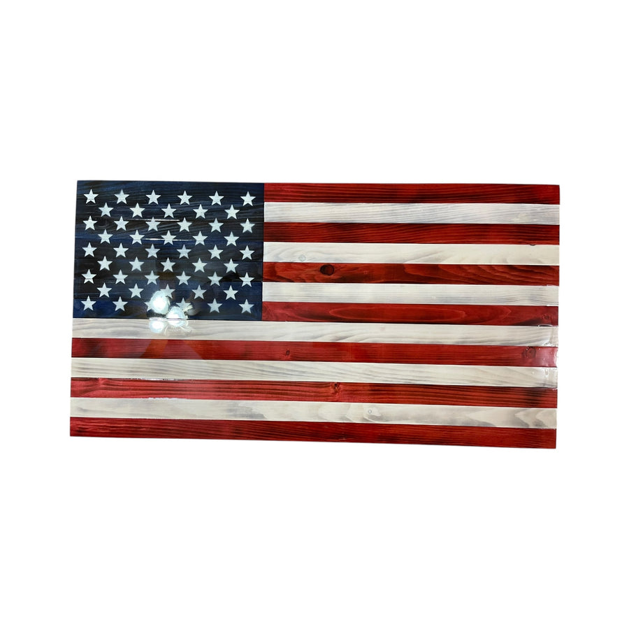 Personalized wooden American flag with custom engraving and glossy epoxy finish made in USA