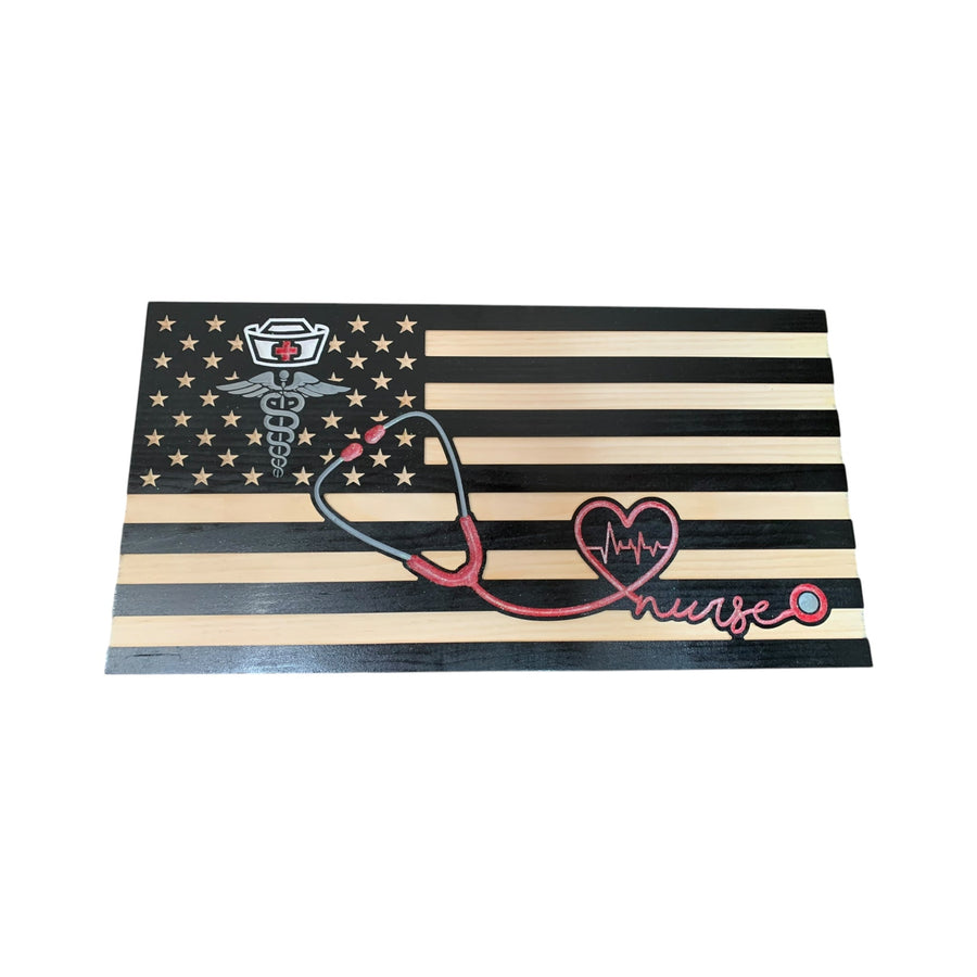 Personalized wooden American flag for nurses with medical-themed engraving, made in USA