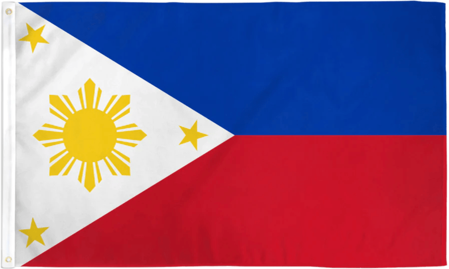 Philippines flag made in USA with blue red bands white triangle golden sun and three stars