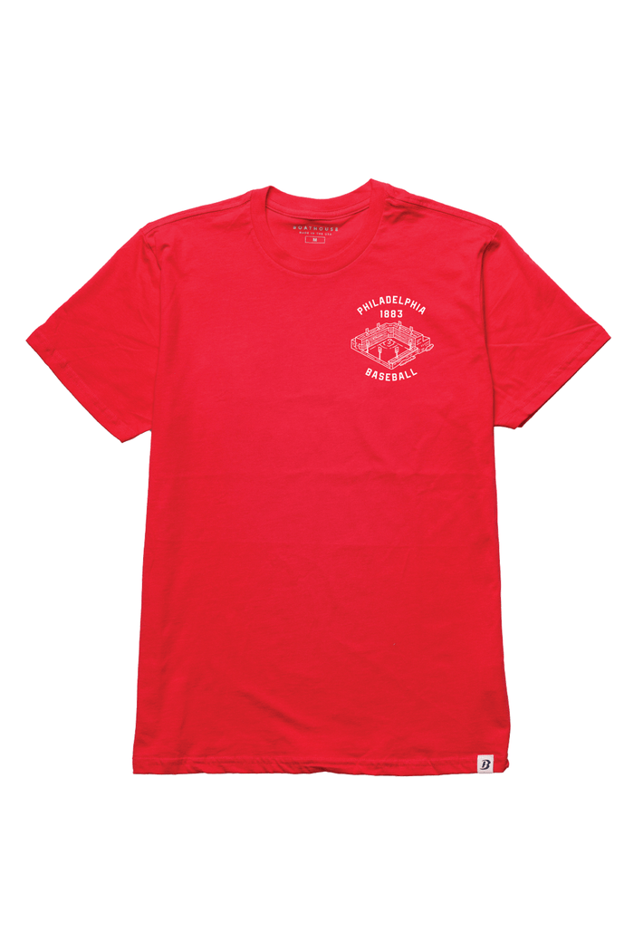 Philly Baseball 1883 Cotton T-Shirt: red baseball 1883 graphic T-shirt, front view.