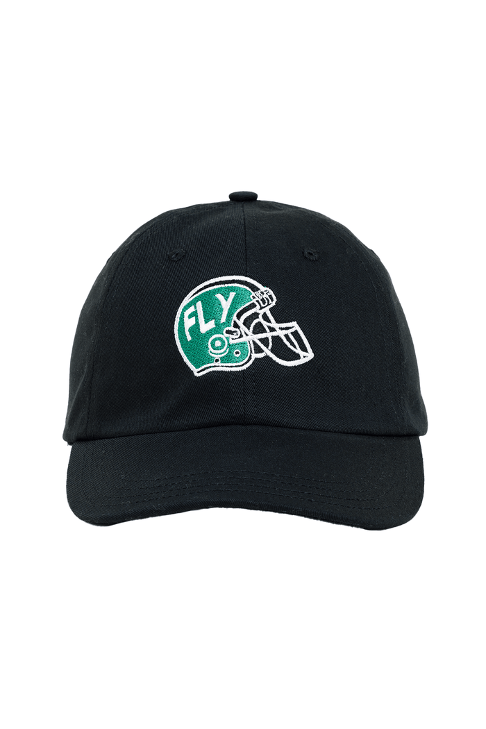 Philly Fly Helmet Cotton Baseball Cap: black cap with embroidered helmet, front view.