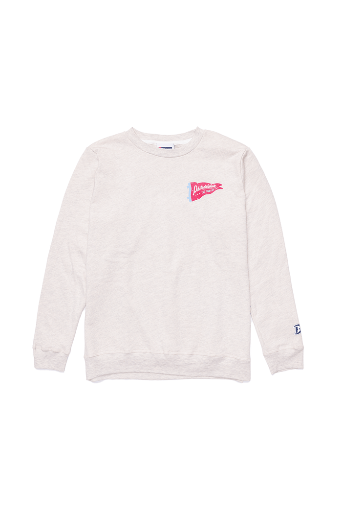Phils Banner Crewneck: oatmeal crewneck with small red banner chest graphic.