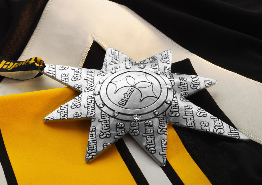Collection display featuring Pittsburgh Steelers Solstice Star Collector's Ornament