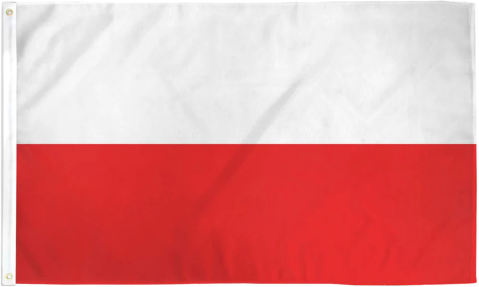 Poland flag made in USA with white upper band and red lower band