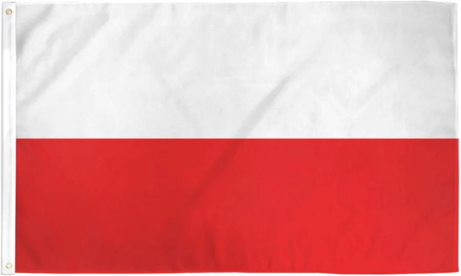 Poland flag made in USA with white upper band and red lower band