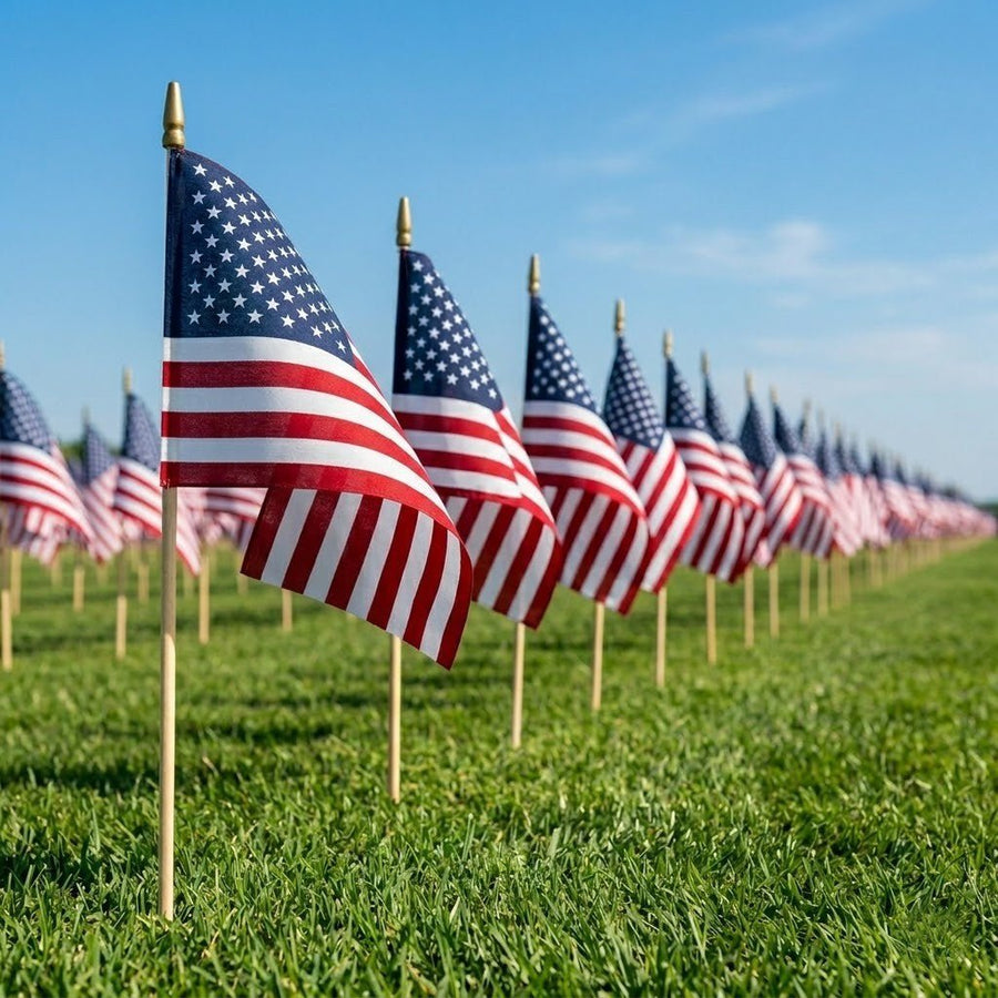 Rows of American stick flags placed in grass